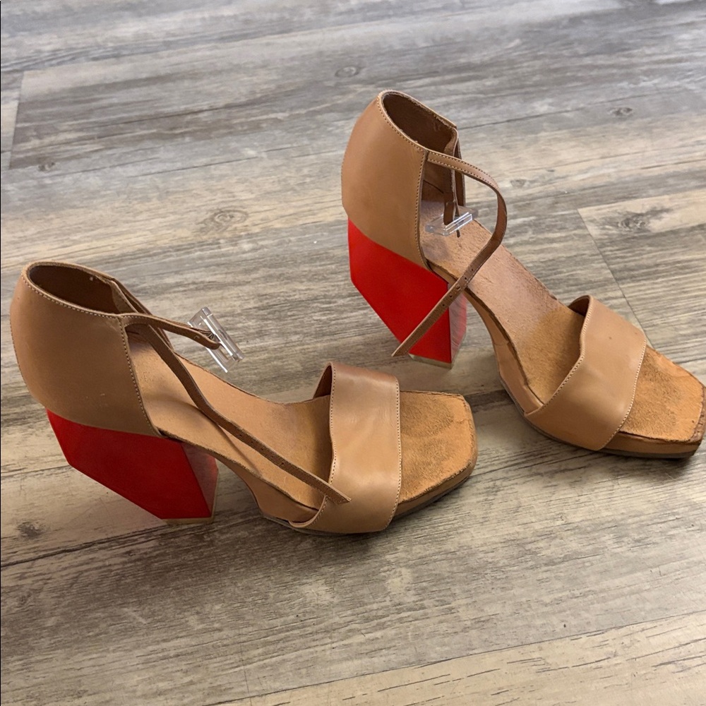 NWOT Red Heeled Suede & Leather Heels, UNIQUE VINTAGE ARTIST-MADE 
Tan and Red